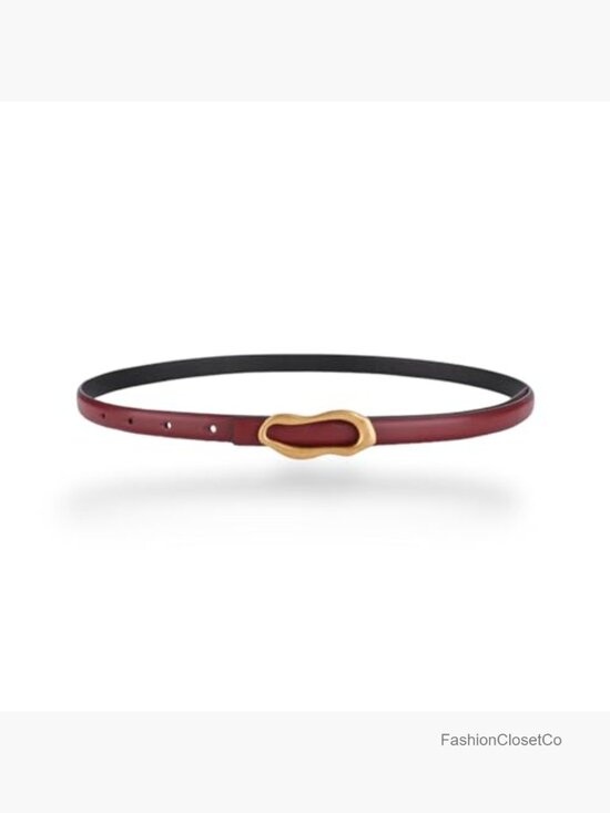 Slim Skinny Genuine Leather Belt with Oval Organic Shape Buckle for Dress Pants